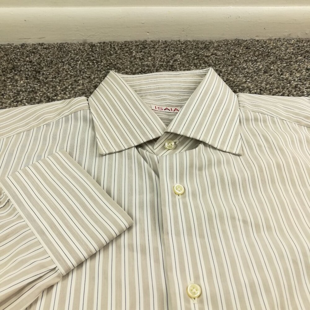 Isaia Napoli Dress Shirt Brown Striped Size 17.5 | 44